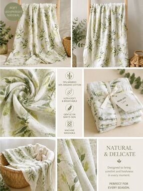 Natural Floral Bamboo, Cotton Muslin Baby Blanket- Green & White